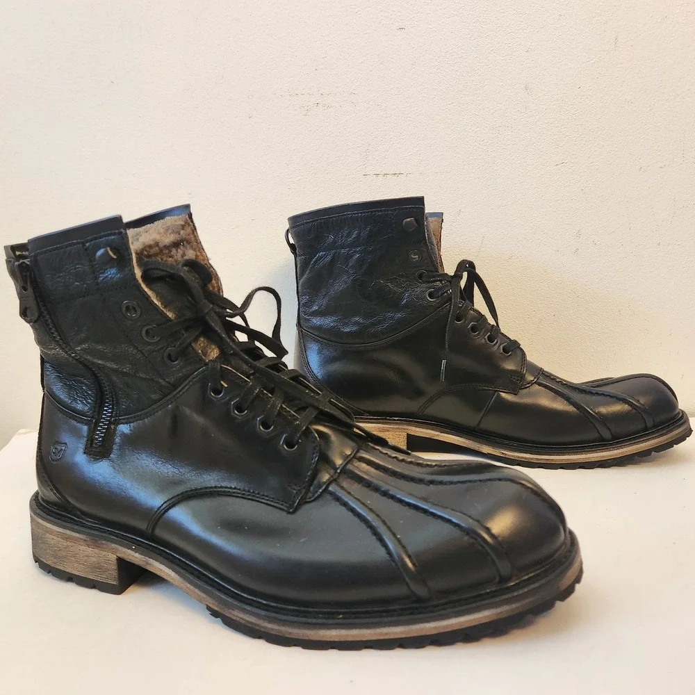 Andrew Marc AMRUTL Black Leather Faux Fur Lined Combat Boots Mens 11 USA 45 EUR